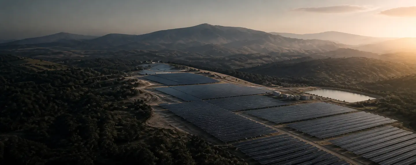 Gün batımında tepelere yayılmış arazi tipi güneş enerjisi santrali